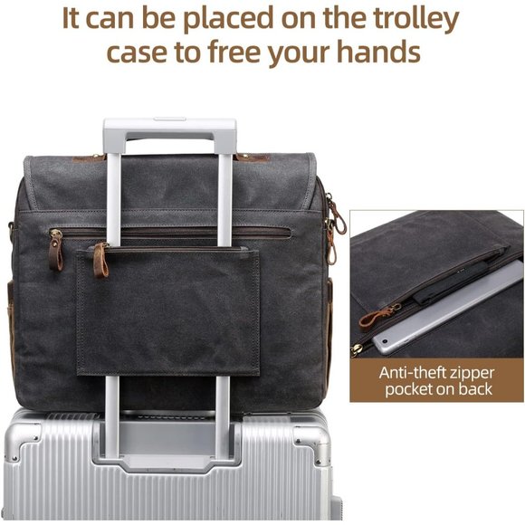 Men's Dark Grey Genuine Leather Canvas Water Resistant Satchel Shoulder Bag - Picture 11 of 13